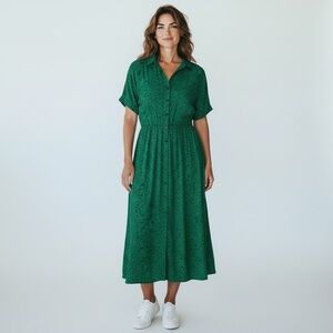 Laine VTG Emerald Green Maxi Dress Women Sz 7/8 Button Front Short Sleeve W belt